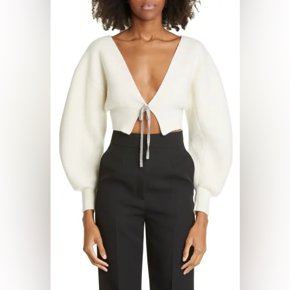 Alexander Wang V-Neck Cropped Cardigan w/ Crystal Tie Embellished Sweater